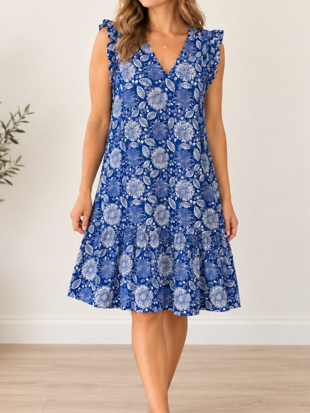 Boden Blue & White Floral Ruffle Dress Size 6R